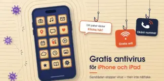 Gratis antivirus för iPhone och iPad Illustration av en mörkblå iPhone i krattad sand där varje app ligger i en egen liten sandlåda och lila virus studsar bort, medan fiskekrokar med beten märkta ”Klicka här!”, ”Gratis wifi” och ”Okänt nummer” dinglar ovanför texten ”Gratis antivirus för iPhone och iPad”.