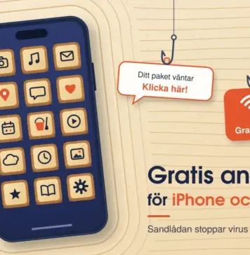 Gratis antivirus för iPhone och iPad Illustration av en mörkblå iPhone i krattad sand där varje app ligger i en egen liten sandlåda och lila virus studsar bort, medan fiskekrokar med beten märkta ”Klicka här!”, ”Gratis wifi” och ”Okänt nummer” dinglar ovanför texten ”Gratis antivirus för iPhone och iPad”.