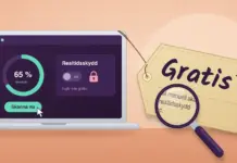 Gratis Bitdefender antivirus till Mac – så ligger det till Illustration av en laptop där en gratis manuell virusskanning pågår medan realtidsskyddet är avstängt och låst, med en prislapp märkt ”Gratis*” knuten vid skärmen och ett förstoringsglas som förstorar det finstilta ”inget realtidsskydd på Mac”.