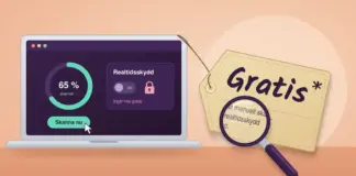Gratis Bitdefender antivirus till Mac – så ligger det till Illustration av en laptop där en gratis manuell virusskanning pågår medan realtidsskyddet är avstängt och låst, med en prislapp märkt ”Gratis*” knuten vid skärmen och ett förstoringsglas som förstorar det finstilta ”inget realtidsskydd på Mac”.