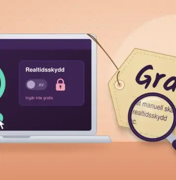 Gratis Bitdefender antivirus till Mac – så ligger det till Illustration av en laptop där en gratis manuell virusskanning pågår medan realtidsskyddet är avstängt och låst, med en prislapp märkt ”Gratis*” knuten vid skärmen och ett förstoringsglas som förstorar det finstilta ”inget realtidsskydd på Mac”.