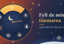 Höst- och vinteraktiviteter: unika idéer för mörka säsongen Illustration av en dygnsklocka där en smal gyllene sektor visar vinterns korta dagsljus, medan den mörka delen fylls av ikoner för skridskoåkning, skogspromenad, fika, läsning, stickning och sällskapsspel, bredvid texten ”Fyll de mörka timmarna – Unika idéer för höst och vinter” mot en himmel som går från höstrost till snöig vinternatt.