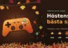 Höstens bästa spel – topplista och guide till säsongens släpp Illustration av en orange spelkontroll med lövådror som hänger likt ett höstlöv från en gren med lönnlöv i rost, senap och vinrött, där fallande löv förvandlas till pixlar, bredvid rubriken ”Höstens bästa spel” och en tidslinje med löv för september, oktober, november och december.