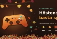 Höstens bästa spel – topplista och guide till säsongens släpp Illustration av en orange spelkontroll med lövådror som hänger likt ett höstlöv från en gren med lönnlöv i rost, senap och vinrött, där fallande löv förvandlas till pixlar, bredvid rubriken ”Höstens bästa spel” och en tidslinje med löv för september, oktober, november och december.