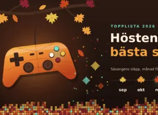 Illustration av en orange spelkontroll med lövådror som hänger likt ett höstlöv från en gren med lönnlöv i rost, senap och vinrött, där fallande löv förvandlas till pixlar, bredvid rubriken ”Höstens bästa spel” och en tidslinje med löv för september, oktober, november och december.