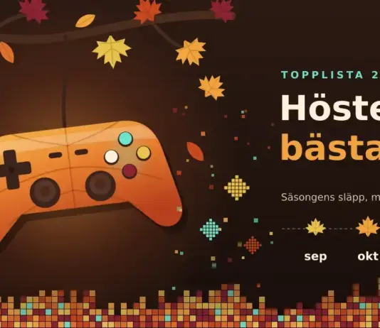 Illustration av en orange spelkontroll med lövådror som hänger likt ett höstlöv från en gren med lönnlöv i rost, senap och vinrött, där fallande löv förvandlas till pixlar, bredvid rubriken ”Höstens bästa spel” och en tidslinje med löv för september, oktober, november och december.
