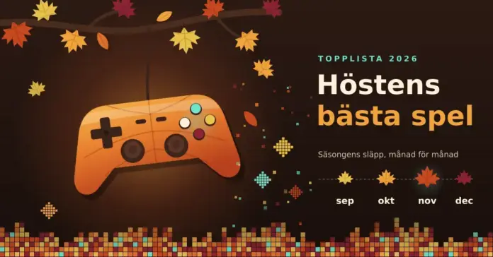 Höstens bästa spel – topplista och guide till säsongens släpp Illustration av en orange spelkontroll med lövådror som hänger likt ett höstlöv från en gren med lönnlöv i rost, senap och vinrött, där fallande löv förvandlas till pixlar, bredvid rubriken ”Höstens bästa spel” och en tidslinje med löv för september, oktober, november och december.