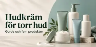 Hudkräm för torr hud: guide och fem produkter att känna till Fem omärkta hudvårdsförpackningar och en klick kräm i ljusa, gröna och blå toner intill texten ”Hudkräm för torr hud – Guide och fem produkter”.