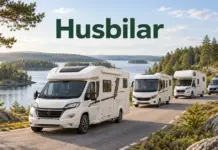 Fyra olika typer av husbilar på en slingrande väg vid en skogskantad sjö med rubriken Husbilar ovanför.