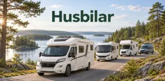 Fyra olika typer av husbilar på en slingrande väg vid en skogskantad sjö med rubriken Husbilar ovanför.