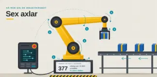 Industrirobotar: så fungerar de, robottäthet i Sverige och fördelarna Illustration av en gul sexaxlad industrirobot som lyfter en blå låda från ett transportband, med axlarna numrerade 1–6 under rubriken ”Sex axlar”, en programmeringsenhet med nödstopp och en märkskylt på robotfoten som visar att Sverige har 377 robotar per 10 000 anställda – 5:e plats i världen.