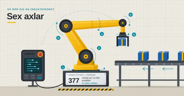 Illustration av en gul sexaxlad industrirobot som lyfter en blå låda från ett transportband, med axlarna numrerade 1–6 under rubriken ”Sex axlar”, en programmeringsenhet med nödstopp och en märkskylt på robotfoten som visar att Sverige har 377 robotar per 10 000 anställda – 5:e plats i världen.