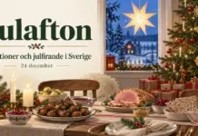 Ett svenskt julbord med julskinka, köttbullar och levande ljus framför en pyntad julgran och en lysande julstjärna, med texten ”Julafton – Traditioner och julfirande i Sverige – 24 december”.