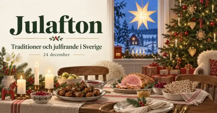Ett svenskt julbord med julskinka, köttbullar och levande ljus framför en pyntad julgran och en lysande julstjärna, med texten ”Julafton – Traditioner och julfirande i Sverige – 24 december”.