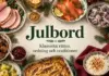 Julbord – klassiska rätter, ordning och traditioner Ett traditionellt svenskt julbord med julskinka, lax, sill, köttbullar, Janssons frestelse och risgrynsgröt omger texten ”Julbord – Klassiska rätter, ordning och traditioner”.
