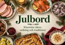 Ett traditionellt svenskt julbord med julskinka, lax, sill, köttbullar, Janssons frestelse och risgrynsgröt omger texten ”Julbord – Klassiska rätter, ordning och traditioner”.