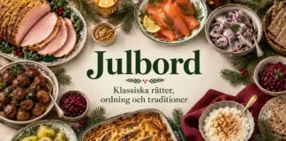 Ett traditionellt svenskt julbord med julskinka, lax, sill, köttbullar, Janssons frestelse och risgrynsgröt omger texten ”Julbord – Klassiska rätter, ordning och traditioner”.