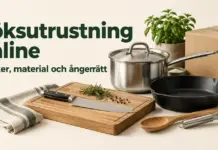 Köksutrustning med kastrull, gjutjärnspanna, kockkniv, skärbräda och redskap intill en leveranskartong under texten ”Köksutrustning online – Butiker, material och ångerrätt”.
