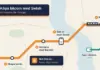 Illustration i tunnelbanekarta-stil där en orange linje går från stationen ”kr” via stegen Skapa konto, Verifiera med BankID och Sätt in med Swish till en bitcoinändstation dit ett tåg anländer, med en turkos sidolinje till Egen plånbok och en avgångsskylt med texten ”Mot Bitcoin – Restid: några minuter”.