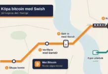 Illustration i tunnelbanekarta-stil där en orange linje går från stationen ”kr” via stegen Skapa konto, Verifiera med BankID och Sätt in med Swish till en bitcoinändstation dit ett tåg anländer, med en turkos sidolinje till Egen plånbok och en avgångsskylt med texten ”Mot Bitcoin – Restid: några minuter”.