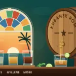 Kubansk rom – en guide till sorter, smak och tre att känna till Illustration av ett liggande ekfat märkt ”Kubansk rom” som tappar gyllene rom i ett glas med is och lime, bredvid tre provglas med ljus, gyllene och mörk rom framför ett kubanskt valvfönster med färgat glas, en palm och solnedgång över havet samt sockerrör.