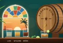 Kubansk rom – en guide till sorter, smak och tre att känna till Illustration av ett liggande ekfat märkt ”Kubansk rom” som tappar gyllene rom i ett glas med is och lime, bredvid tre provglas med ljus, gyllene och mörk rom framför ett kubanskt valvfönster med färgat glas, en palm och solnedgång över havet samt sockerrör.