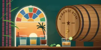 Kubansk rom – en guide till sorter, smak och tre att känna till Illustration av ett liggande ekfat märkt ”Kubansk rom” som tappar gyllene rom i ett glas med is och lime, bredvid tre provglas med ljus, gyllene och mörk rom framför ett kubanskt valvfönster med färgat glas, en palm och solnedgång över havet samt sockerrör.