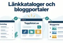 Illustration av Topplistat.se som länkas samman med en länkkatalog och en bloggportal med kategorier och rankade bloggar.