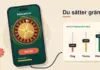 Illustration av en mobiltelefon med ett roulettehjul på skärmen som via en sladd är kopplad till en panel med tre reglage för insättningsgräns per dag, vecka och månad under rubriken ”Du sätter gränsen”, med spelmarker och en 18+-symbol mot en ljus sandfärgad bakgrund.