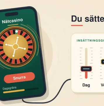 Illustration av en mobiltelefon med ett roulettehjul på skärmen som via en sladd är kopplad till en panel med tre reglage för insättningsgräns per dag, vecka och månad under rubriken ”Du sätter gränsen”, med spelmarker och en 18+-symbol mot en ljus sandfärgad bakgrund.