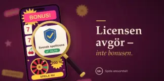 Nätcasinos i Sverige – licens, trygghet och hur marknaden fungerar Illustration av en mobil med ett nätcasino fullt av bonuserbjudanden, sjuor och ett roulettehjul, där ett förstoringsglas mitt på skärmen förstorar en blå sköld med texten ”Svensk spellicens” och märket ”Giltig”, bredvid rubriken ”Licensen avgör – inte bonusen” och en 18+-symbol mot vinröd bakgrund.