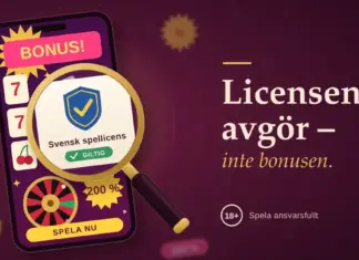 Illustration av en mobil med ett nätcasino fullt av bonuserbjudanden, sjuor och ett roulettehjul, där ett förstoringsglas mitt på skärmen förstorar en blå sköld med texten ”Svensk spellicens” och märket ”Giltig”, bredvid rubriken ”Licensen avgör – inte bonusen” och en 18+-symbol mot vinröd bakgrund.