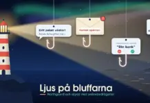 Northguard och skydd mot onlinebedrägerier Illustration av en fyr på en klippa under norrsken vars ljuskägla avslöjar fiskekrokar som döljer sig under fyra beten – ett sms om ett väntande paket, ett mejl om att kontot spärras, ett samtal från ”Din bank” och ett löfte om garanterad vinst – med rubriken ”Ljus på bluffarna”.