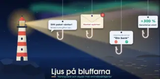 Northguard och skydd mot onlinebedrägerier Illustration av en fyr på en klippa under norrsken vars ljuskägla avslöjar fiskekrokar som döljer sig under fyra beten – ett sms om ett väntande paket, ett mejl om att kontot spärras, ett samtal från ”Din bank” och ett löfte om garanterad vinst – med rubriken ”Ljus på bluffarna”.