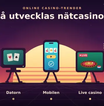 Online casino-trender – så utvecklas nätcasinon Illustration av casinots utveckling som en marsch mot en soluppgång, där en enarmad bandit, en gammal datorskärm, en mobiltelefon, en surfplatta med livesänd roulette och ett VR-headset går på rad under texten ”Så utvecklas nätcasinon”.