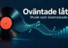 Oväntade låtar – en topplista över musik som överraskade En vinylskiva med turkosa ljudvågor, musiknoter och stigande staplar mot mörkblå bakgrund, med texten ”Oväntade låtar – Musik som överraskade”.