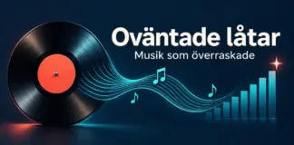 En vinylskiva med turkosa ljudvågor, musiknoter och stigande staplar mot mörkblå bakgrund, med texten ”Oväntade låtar – Musik som överraskade”.
