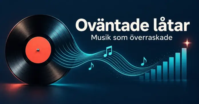 En vinylskiva med turkosa ljudvågor, musiknoter och stigande staplar mot mörkblå bakgrund, med texten ”Oväntade låtar – Musik som överraskade”.