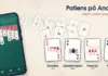 Illustration av en Android-mobil med en pågående patiens på grönt filtbord, där fyra ess flyger ut ur grundhögarna i bågar och landar som fyra spelkort märkta Klondike, Spindelharpan, FreeCell och Pyramid, under rubriken ”Patiens på Android – Vilken variant passar dig?”.