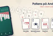 Illustration av en Android-mobil med en pågående patiens på grönt filtbord, där fyra ess flyger ut ur grundhögarna i bågar och landar som fyra spelkort märkta Klondike, Spindelharpan, FreeCell och Pyramid, under rubriken ”Patiens på Android – Vilken variant passar dig?”.