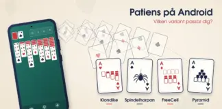 Patiens-appar till Android: varianter och så väljer du rätt Illustration av en Android-mobil med en pågående patiens på grönt filtbord, där fyra ess flyger ut ur grundhögarna i bågar och landar som fyra spelkort märkta Klondike, Spindelharpan, FreeCell och Pyramid, under rubriken ”Patiens på Android – Vilken variant passar dig?”.