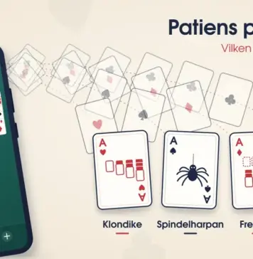 Patiens-appar till Android: varianter och så väljer du rätt Illustration av en Android-mobil med en pågående patiens på grönt filtbord, där fyra ess flyger ut ur grundhögarna i bågar och landar som fyra spelkort märkta Klondike, Spindelharpan, FreeCell och Pyramid, under rubriken ”Patiens på Android – Vilken variant passar dig?”.
