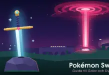 Illustration av ett glödande svärd som sitter fast i en sten på en kulle i det brittiskinspirerade Galar, med borgtorn, viadukt med tåg och en upplyst arena i kvällsljus, medan en rosaröd Dynamax-ljuspelare skjuter upp mot ett virvlande stormmoln, bredvid texten ”Pokémon Sword – Guide till Galar och Dynamax”.