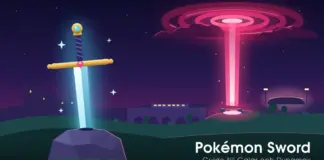 Pokémon Sword – guide till spelet, Galar och Dynamax Illustration av ett glödande svärd som sitter fast i en sten på en kulle i det brittiskinspirerade Galar, med borgtorn, viadukt med tåg och en upplyst arena i kvällsljus, medan en rosaröd Dynamax-ljuspelare skjuter upp mot ett virvlande stormmoln, bredvid texten ”Pokémon Sword – Guide till Galar och Dynamax”.