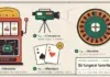 Populära casinospel i Sverige: de mest omtyckta spelen och hur de fungerar Illustration i stil med en teknisk ritning på rutat papper som visar svenskarnas populäraste casinospel i ordning – en uppskuren spelautomat med en slumpgenerator (RNG) inuti, två blackjackkort som blir 21, en livecasinokamera riktad mot ett europeiskt roulettehjul med 37 fack – samt en ritningsruta med texten ”Så fungerar favoriterna”.