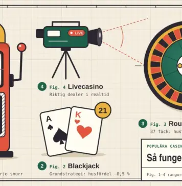 Populära casinospel i Sverige: de mest omtyckta spelen och hur de fungerar Illustration i stil med en teknisk ritning på rutat papper som visar svenskarnas populäraste casinospel i ordning – en uppskuren spelautomat med en slumpgenerator (RNG) inuti, två blackjackkort som blir 21, en livecasinokamera riktad mot ett europeiskt roulettehjul med 37 fack – samt en ritningsruta med texten ”Så fungerar favoriterna”.