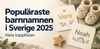 Artikelbild med texten ”Populäraste barnnamnen i Sverige 2025 – Hela topplistan”, namnkort med Vera och Noah samt stickade babyskor och en trästjärna.