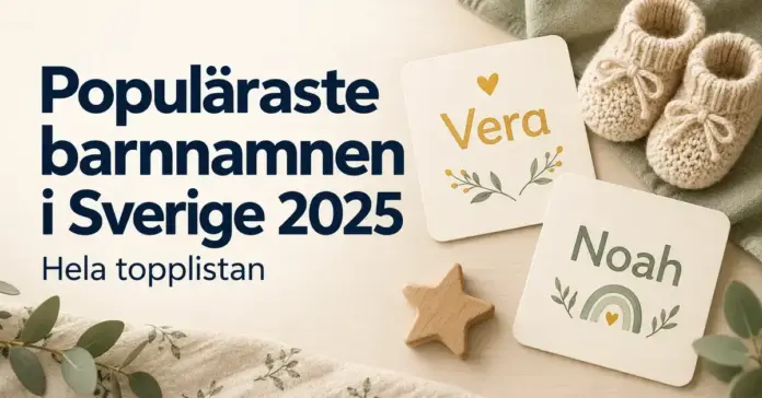 Artikelbild med texten ”Populäraste barnnamnen i Sverige 2025 – Hela topplistan”, namnkort med Vera och Noah samt stickade babyskor och en trästjärna.