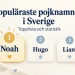 Populäraste pojknamnen i Sverige – topplista och statistik Illustration med rubriken Populäraste pojknamnen i Sverige och namnen Noah, Hugo och Liam på plats ett, två och tre, omgivna av babyskor och leksaker i blått och gult.