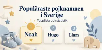 Illustration med rubriken Populäraste pojknamnen i Sverige och namnen Noah, Hugo och Liam på plats ett, två och tre, omgivna av babyskor och leksaker i blått och gult.